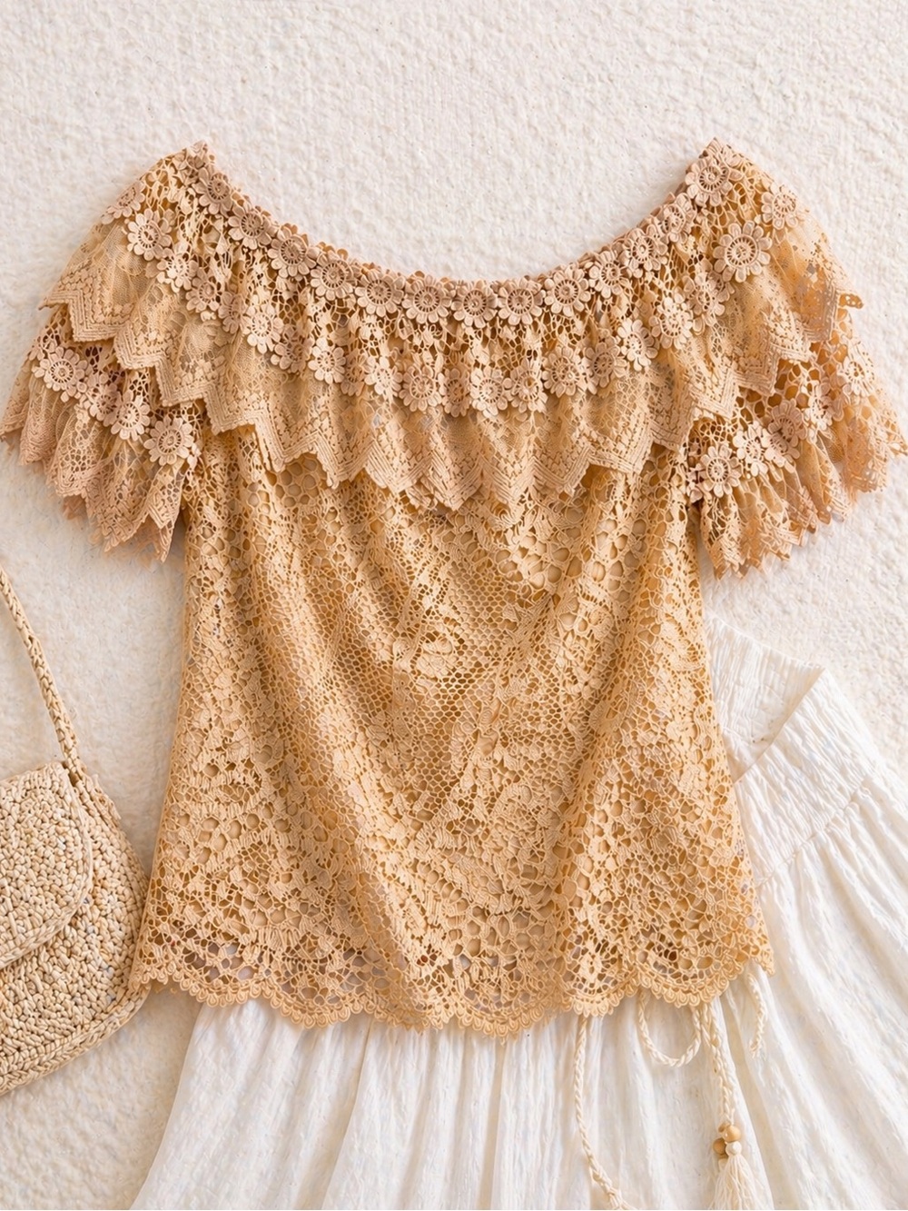 Love Nation Beige Lace Off Shoulder Top Boho Floral Crochet Romantic Blouse